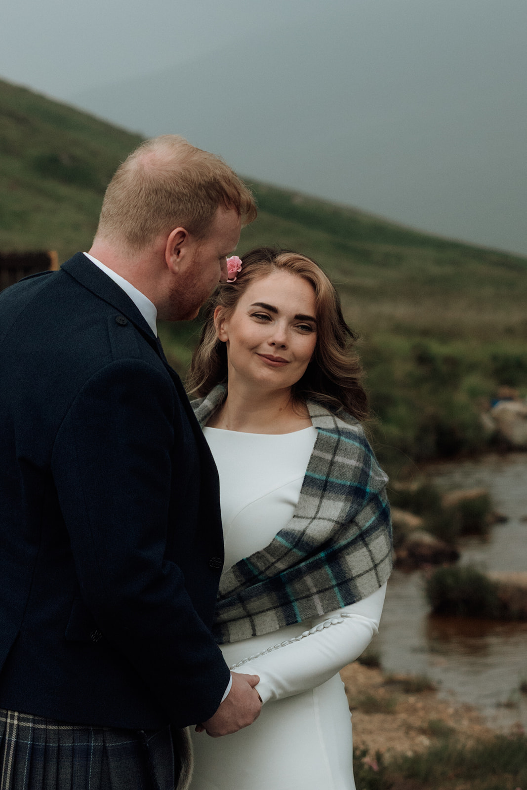 Bride looking up at groom during Isle of Arran elopement.