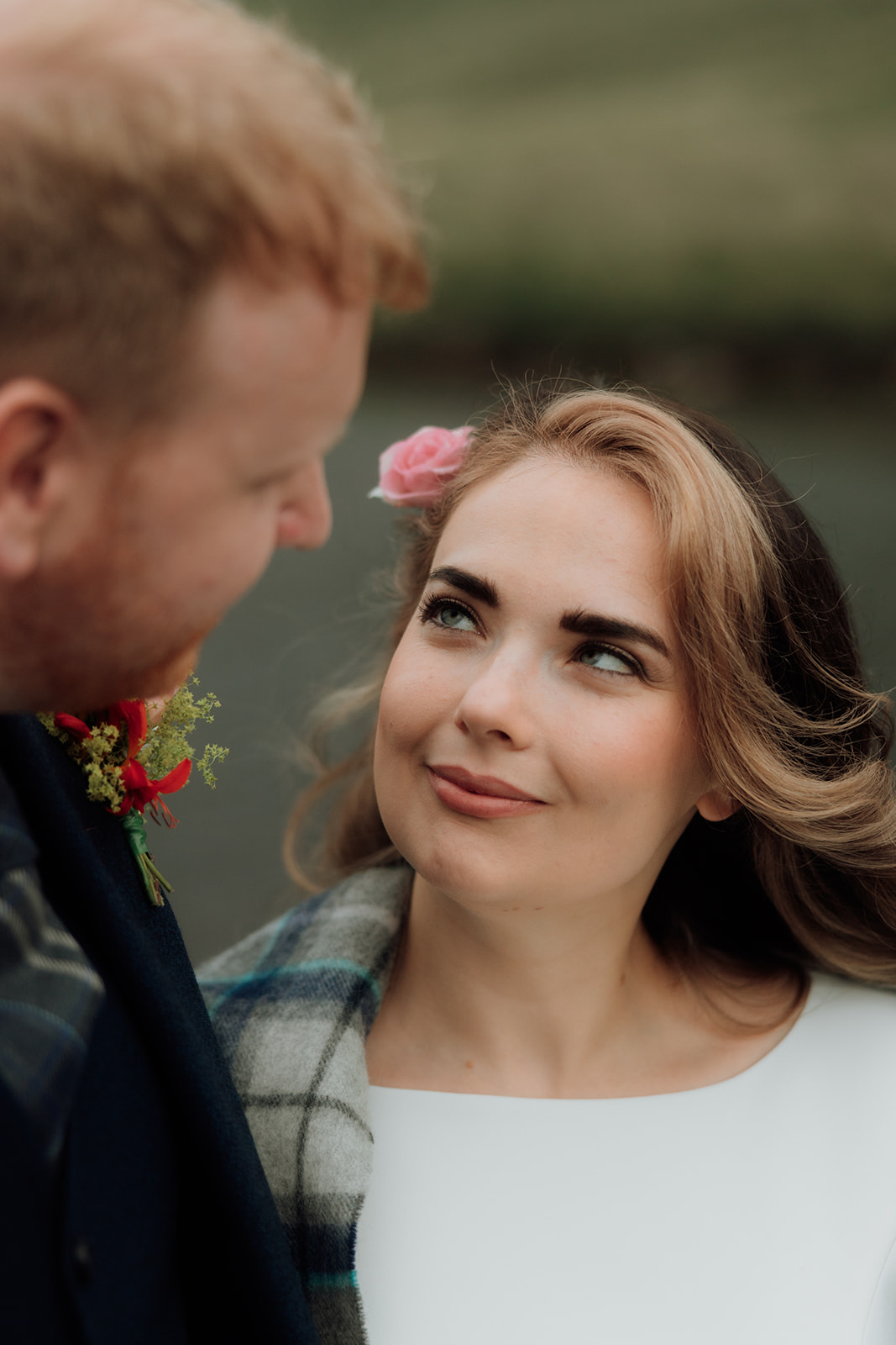 Bride looking up at groom close-up during Isle of Arran elopement.