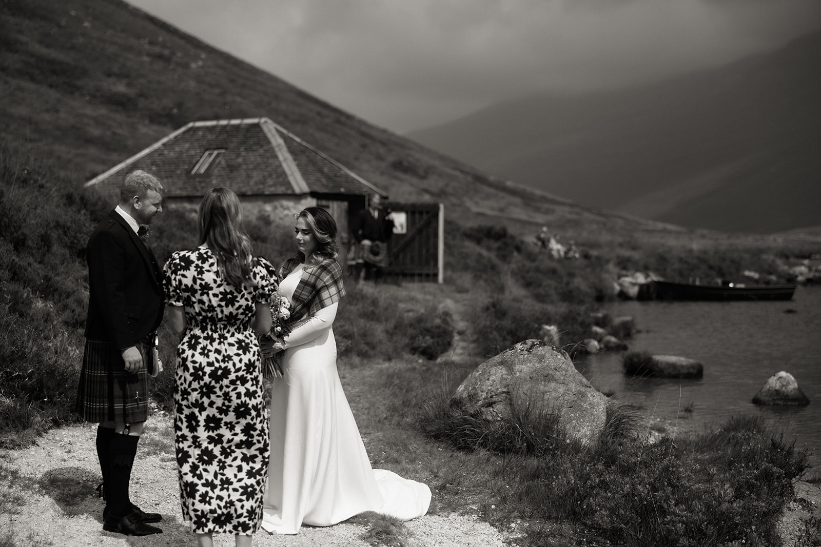 Black and white photograph of bride and groom during their Isle of Arran elopement ceremony.