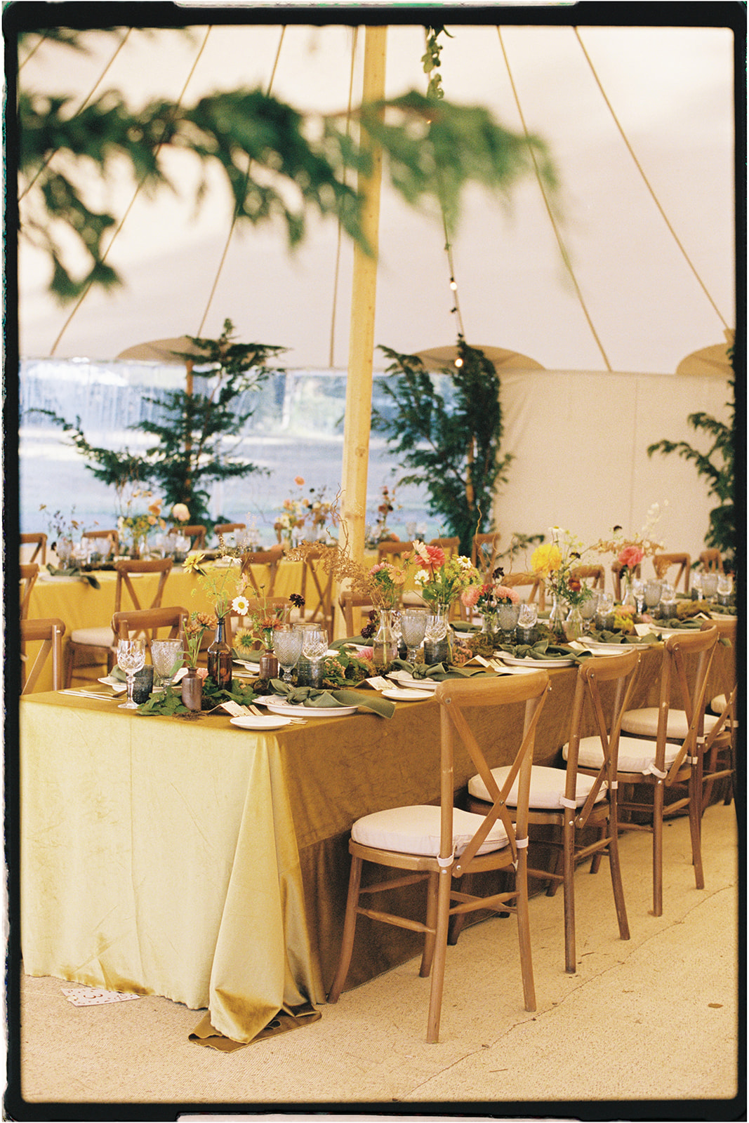 Moss and floral table runner with delicate vases and earthy tones, photographed on 35mm film.